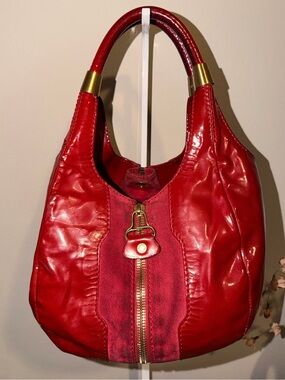 Jimmy Choo Red Patent Leather and Suede Shoulder Bag with Stunning Zipper Detail